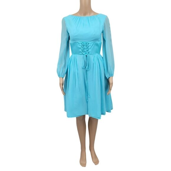 Vintage 60s Bright Blue Fairycore Midi Dress Corset Bodice Long Sleeves Chiffon - Picture 1 of 13